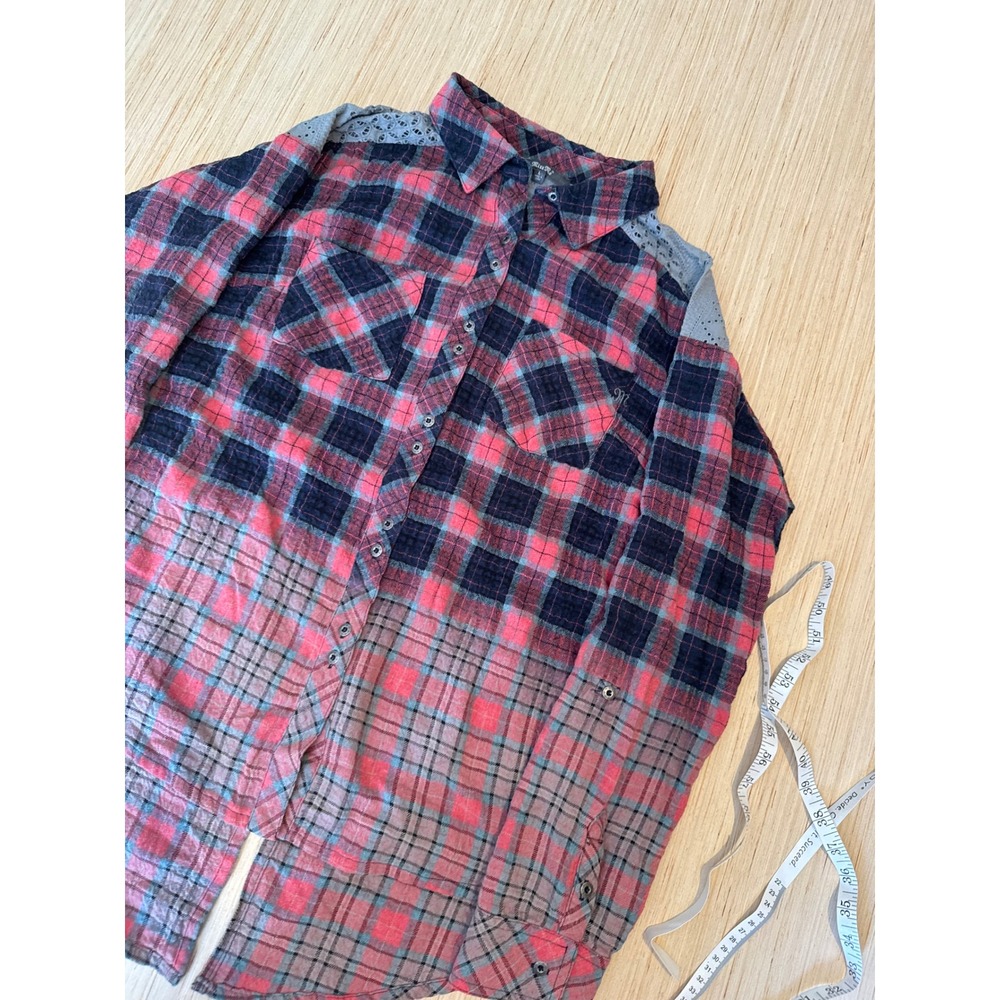 Miss Me Plaid Flannel Shirt Lace Yoke Ombre Dip Dye Split Back Red Navy Large 38